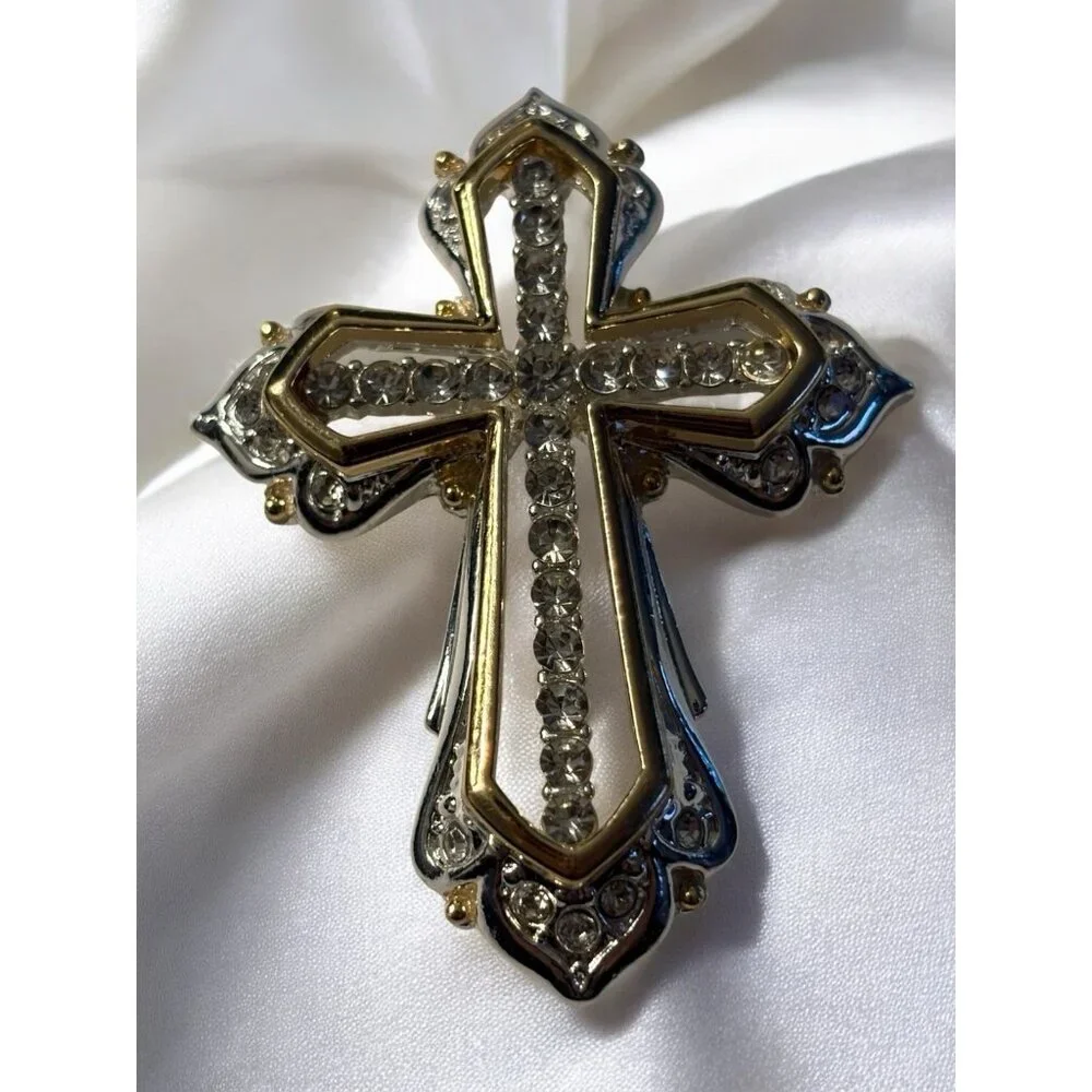 Napier Cross Brooch Pin Gold & Silver Tone Clear Rhinestones Open Work Religious